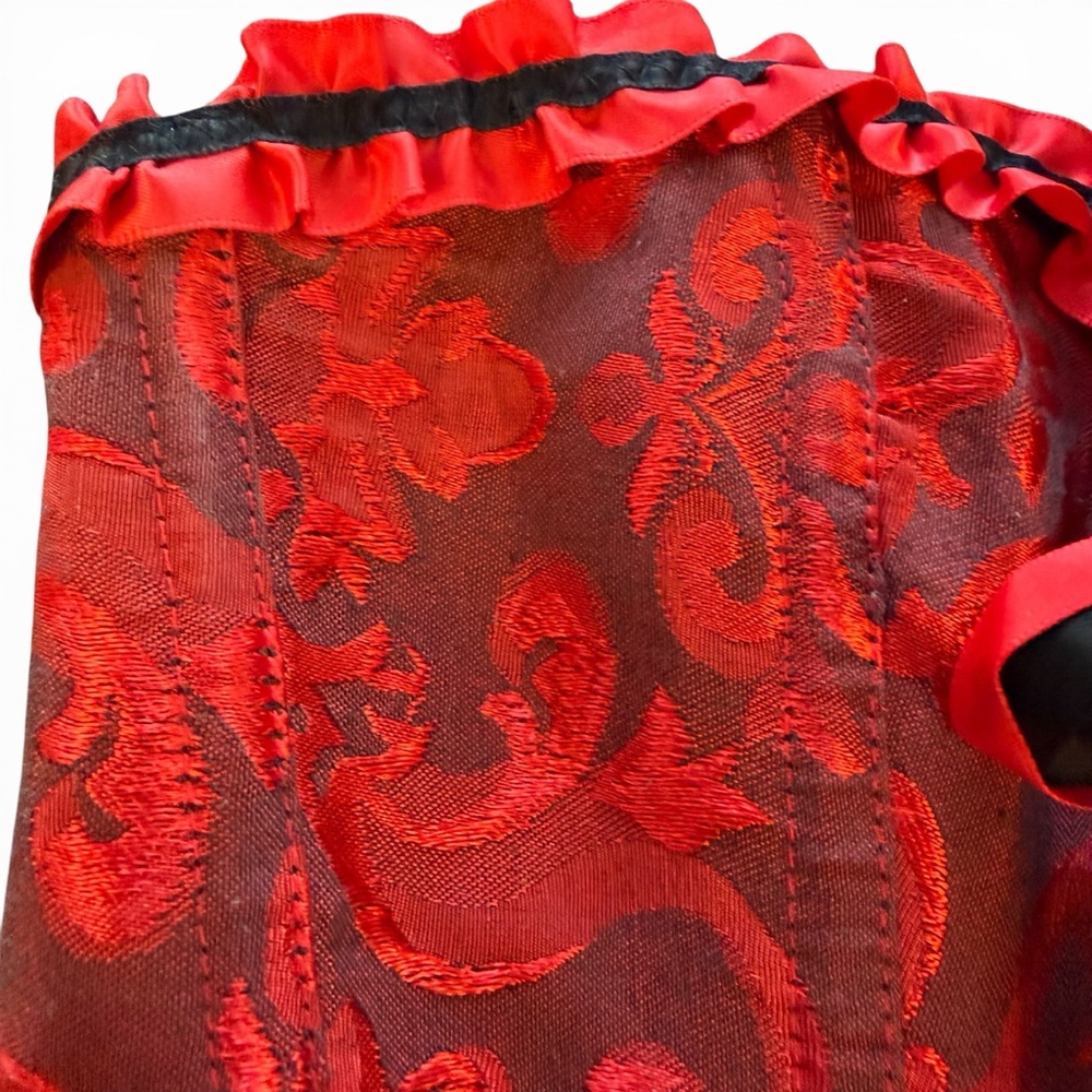 Red Brocade Strapless Corset Bustier with Ribbon Trim - Picture 10 of 11